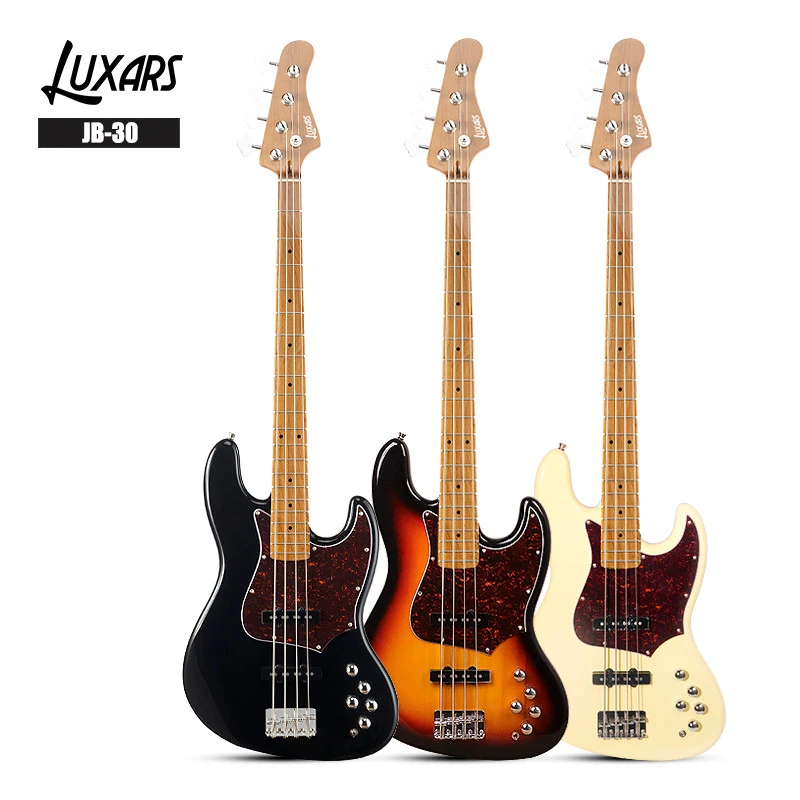 LUXARS JB30-4 electric basses in three photographed finishes, labelled front views