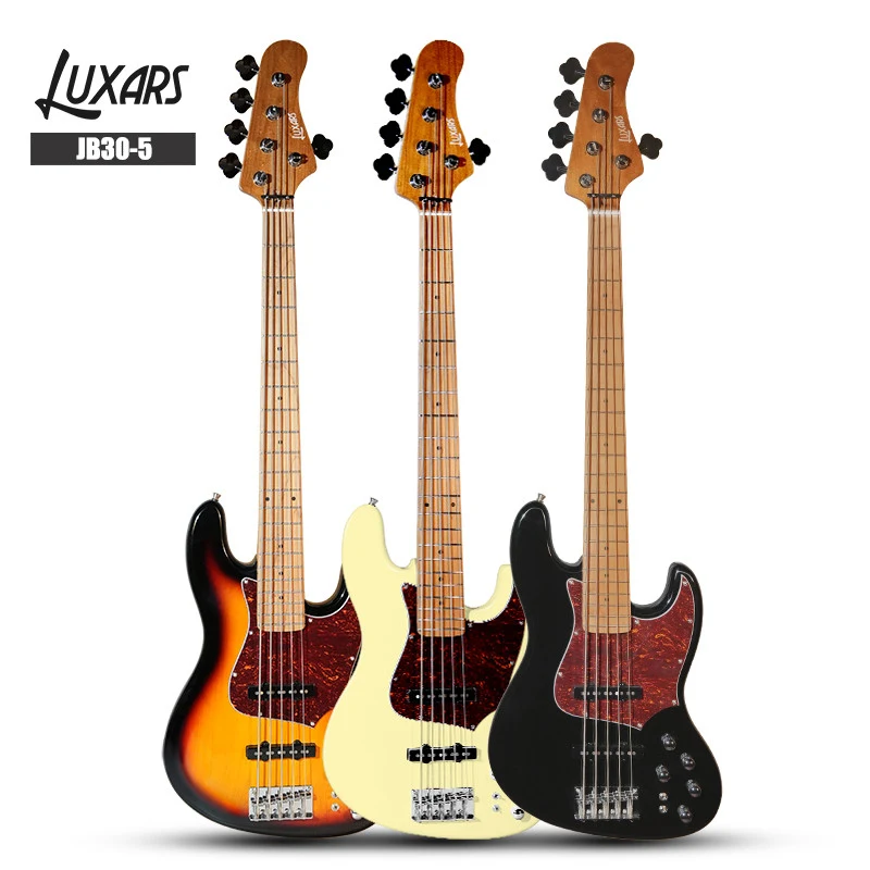 LUXARS JB30-5 electric basses in three photographed finishes, labelled front views