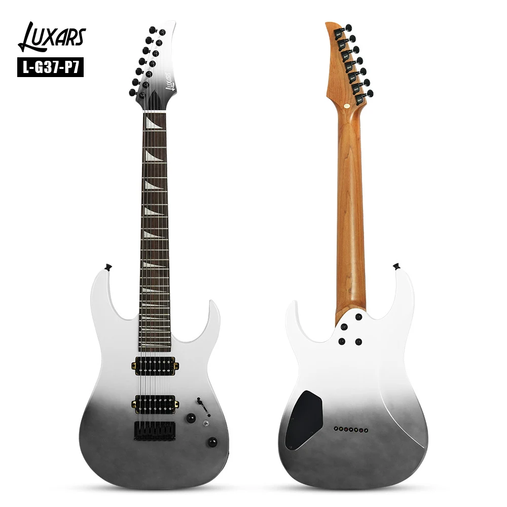 LUXARS L-G37-P7 — Front and back views with a white-to-gray body, two humbuckers and seven tuning machines.