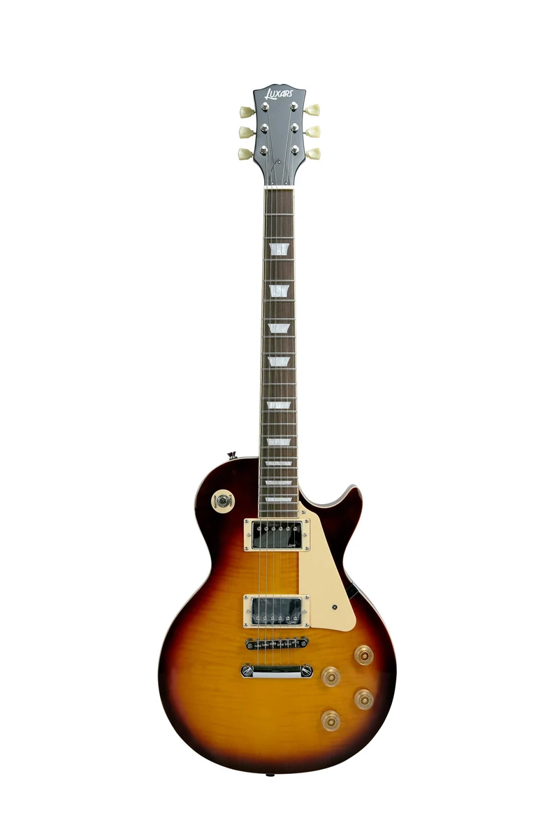 LUXARS LG9-P3, vista frontal con acabado sunburst, dos humbuckers con cubierta, golpeador crema y cuatro mandos