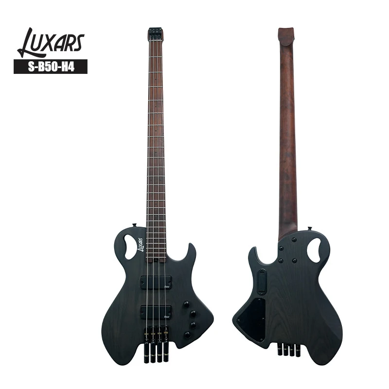 LUXARS S-B50-H4 four-string headless electric bass, labelled front and rear views