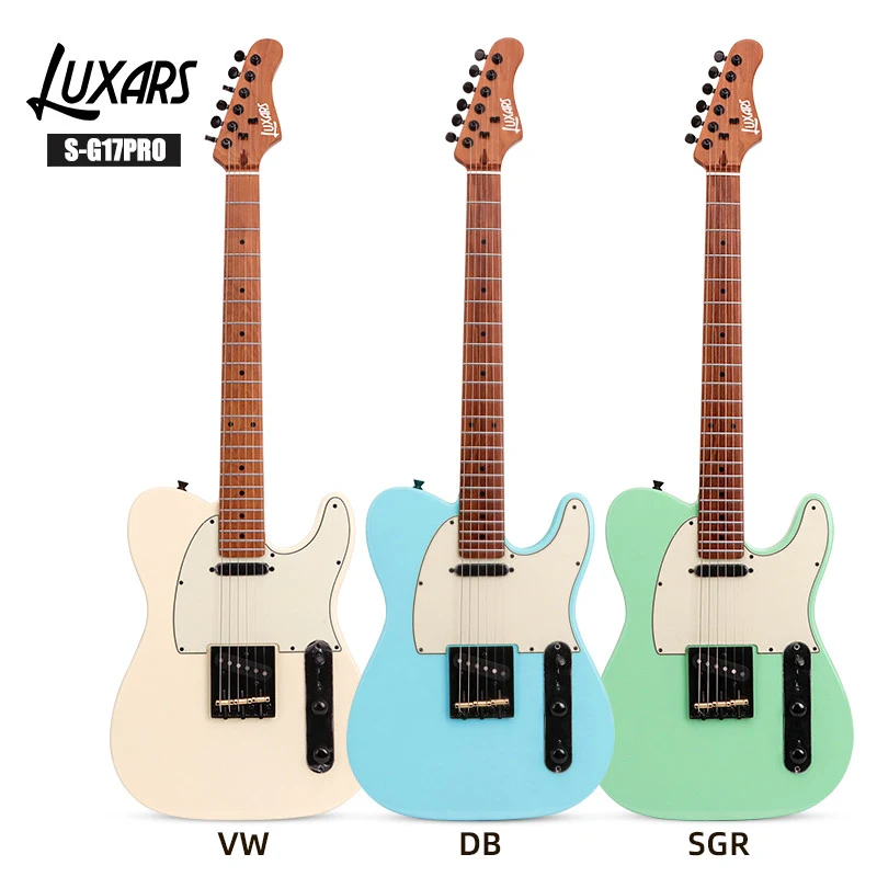 Guitarras elétricas LUXARS S-G17PRO creme, azul e verde, fotos frontais com identificação