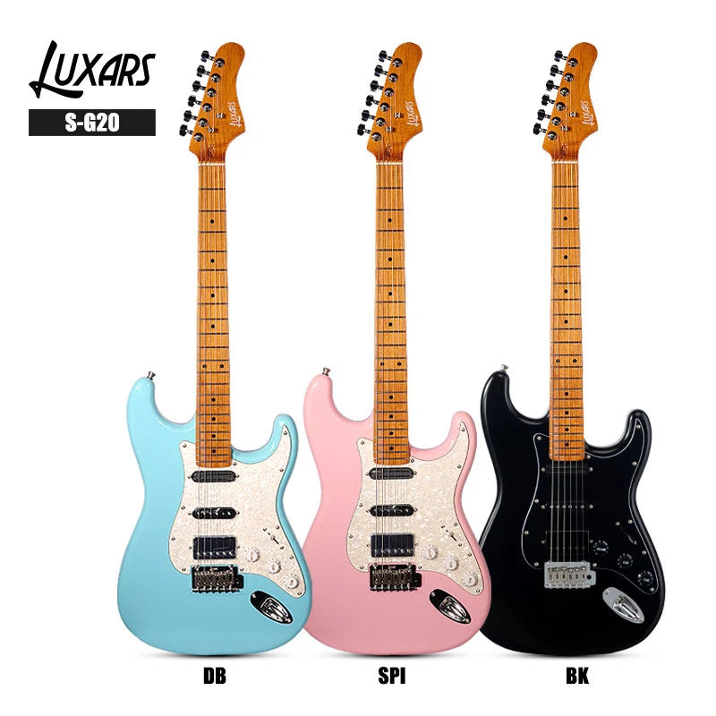 LUXARS S-G20 electric guitars in blue, pink and black, labelled front photographs