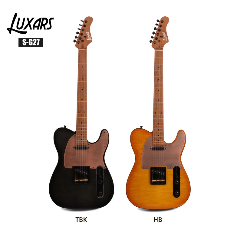 LUXARS S-G27 black and amber electric guitars, labelled front photographs