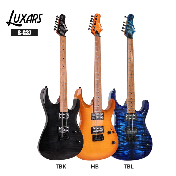 Guitarras elétricas LUXARS S-G37 em três acabamentos fotografados, vistas frontais identificadas