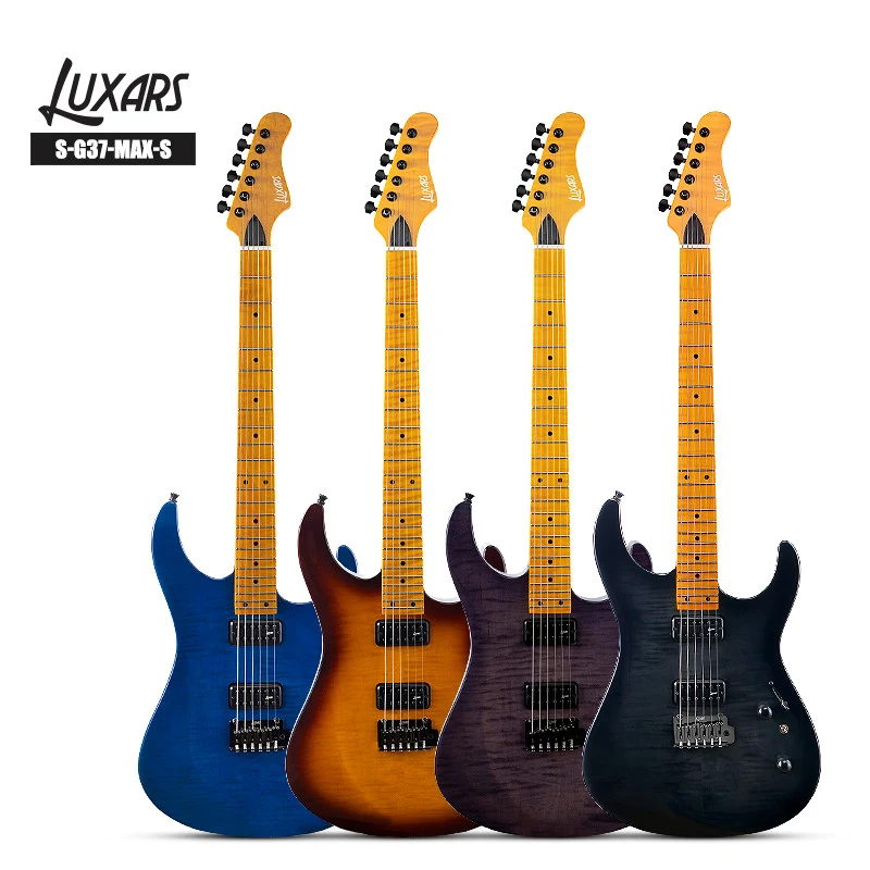Guitares électriques LUXARS S-G37-MAX-S dans quatre finitions photographiées, vues de face identifiées