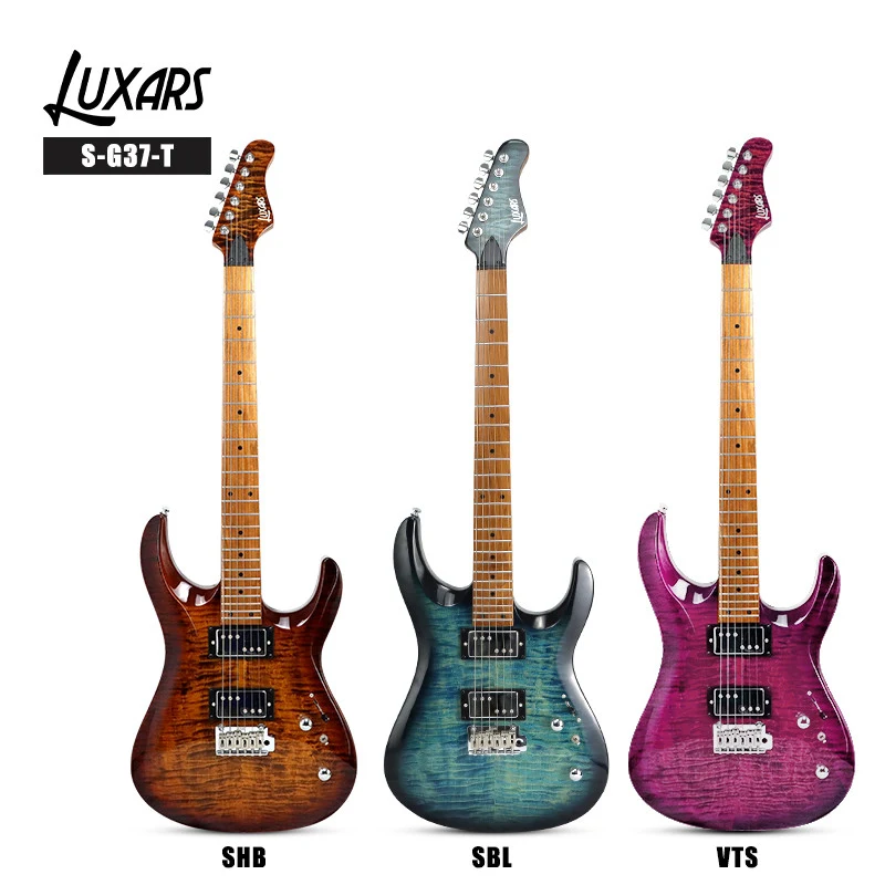 LUXARS S-G37-T amber, blue and purple electric guitars, labelled front photographs