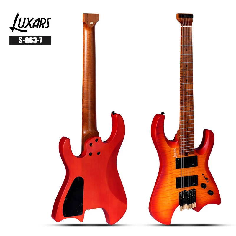 Guitare sans tête LUXARS S-G63-7 sunburst, vues de face et de dos avec identification