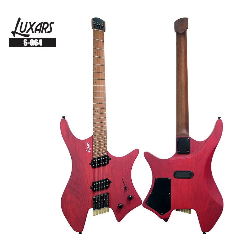LUXARS S-G64 red headless electric guitar, labelled front and rear photographs