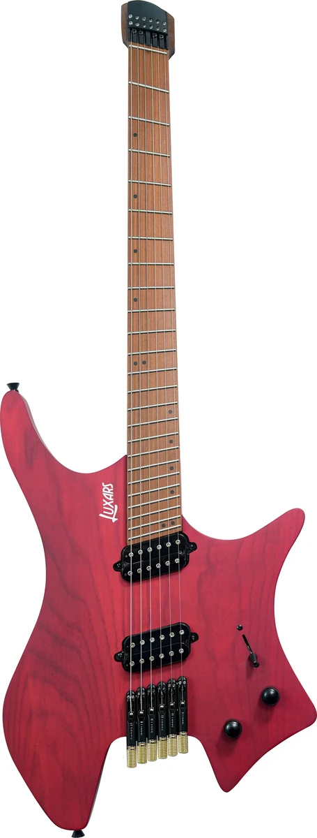 LUXARS S-G64 red guitar front view with fan frets, two humbuckers and bridge tuning controls
