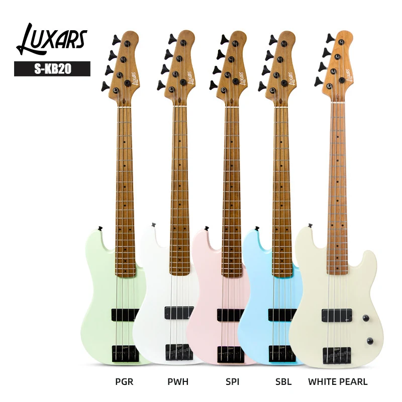 Basses électriques de voyage LUXARS S-KB20 dans cinq finitions photographiées, vues de face identifiées