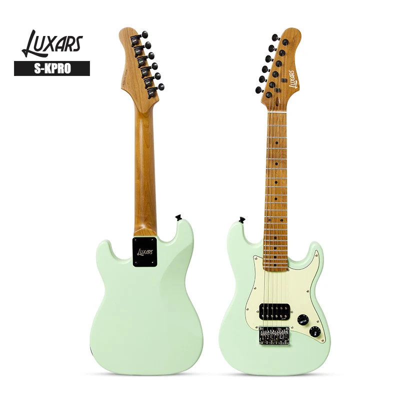 Guitarra eléctrica de viaje LUXARS S-KPRO verde, fotografías delantera y trasera con identificación