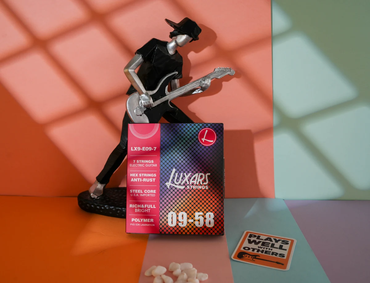 LUXARS LX9-E09-7, embalagem de cordas de guitarra elétrica, vista frontal de um pacote