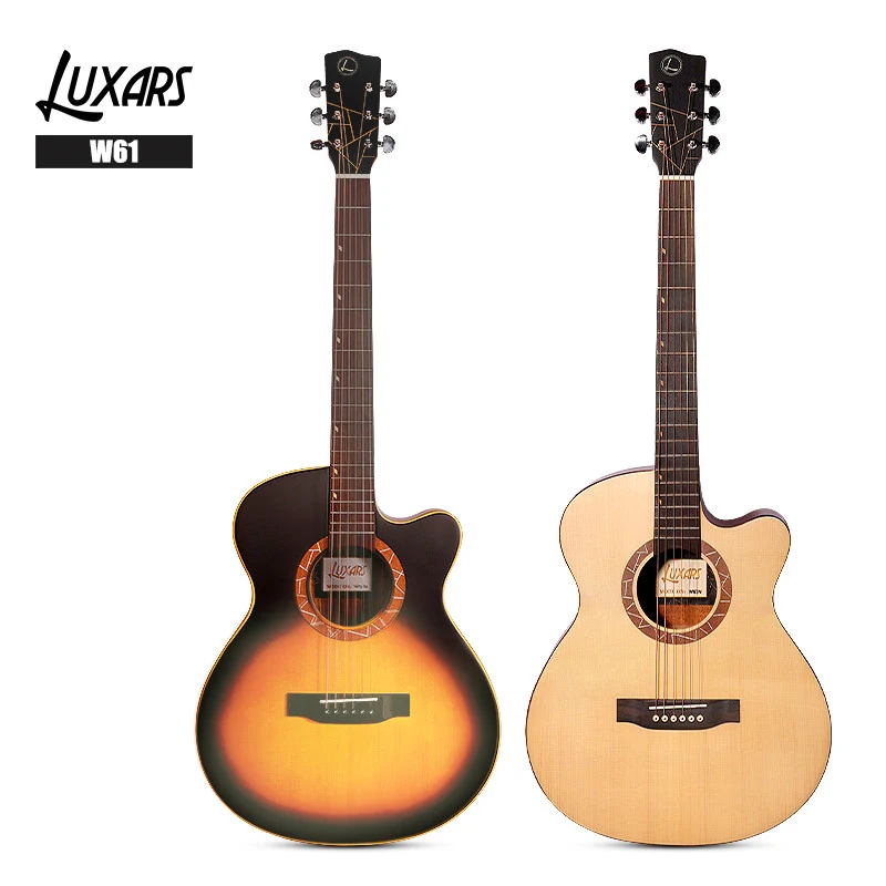 LUXARS W61 natural and sunburst 40-inch acoustic guitars, labelled front photographs