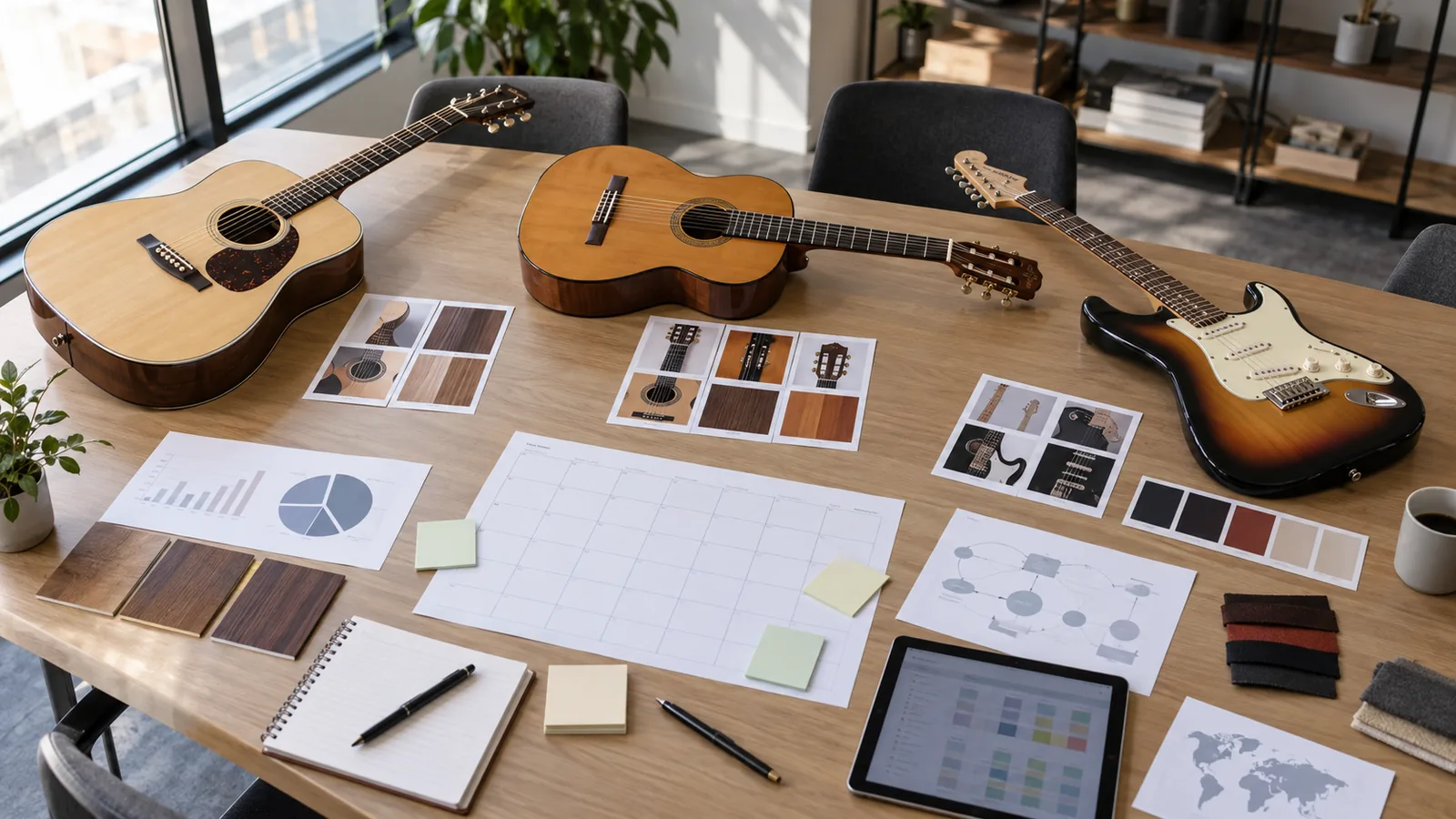Acoustic, classical and electric guitars arranged around a 2026 product planning workspace