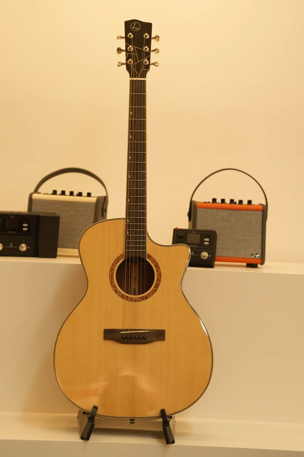 Luxars acoustic guitar displayed for model and finish identification