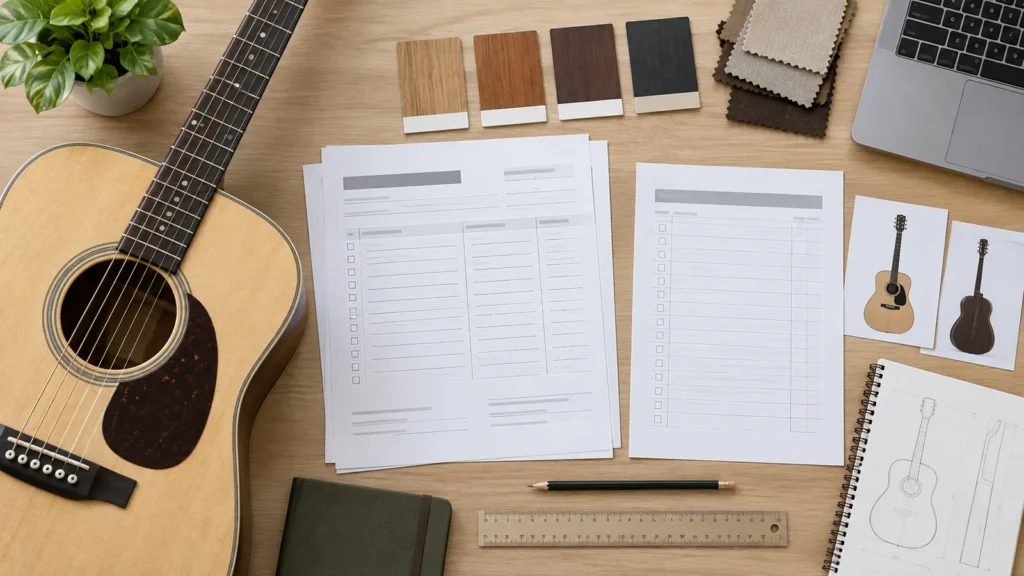 Guitar order documents, material references and product review tools arranged for coordination