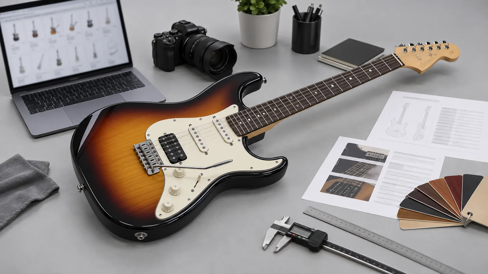 Electric guitar, specification sheets and measurement tools arranged for product information review