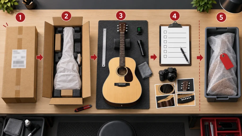 Illustration of a five-step guitar receiving inspection workflow