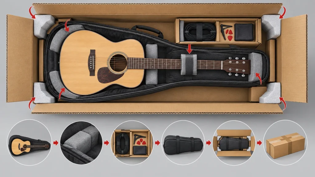 Illustration of protective guitar packaging for international shipping