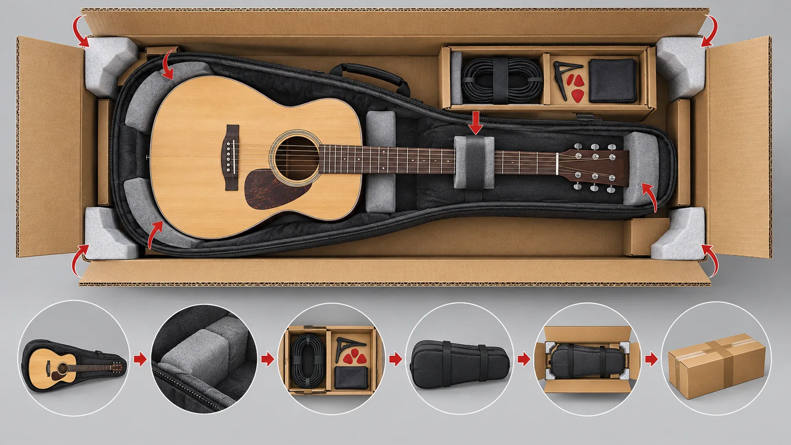 Illustration of protective guitar packaging for international shipping