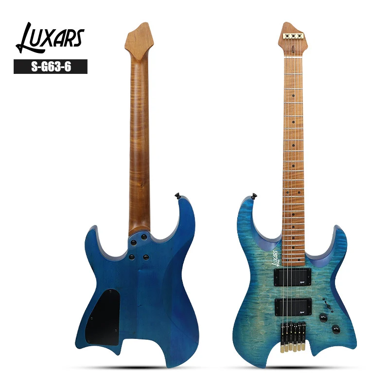 Real front and rear product views of the LUXARS S-G63-6 headless electric guitar