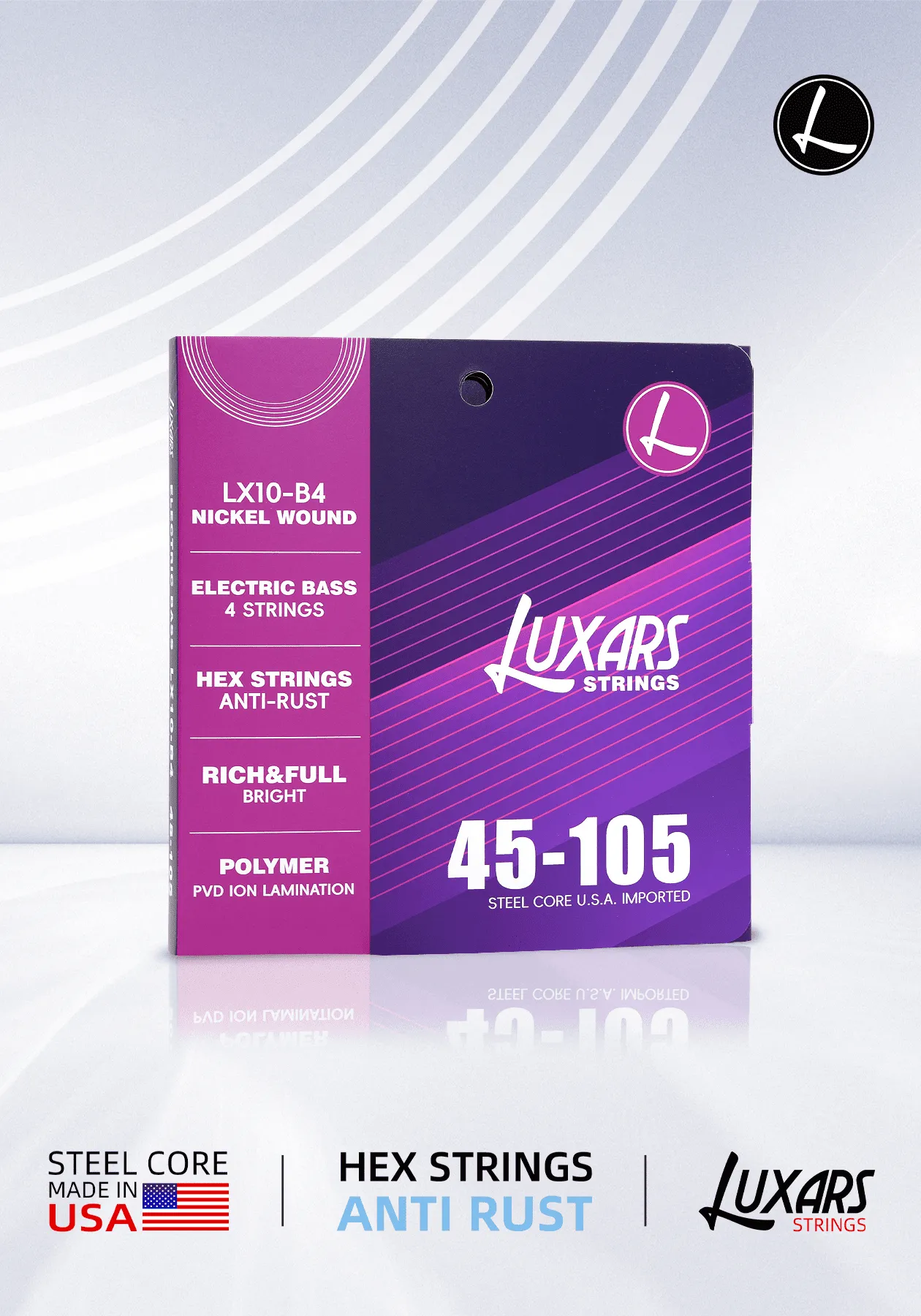 Embalagem das cordas LUXARS LX10-B4 para baixo elétrico, vista frontal