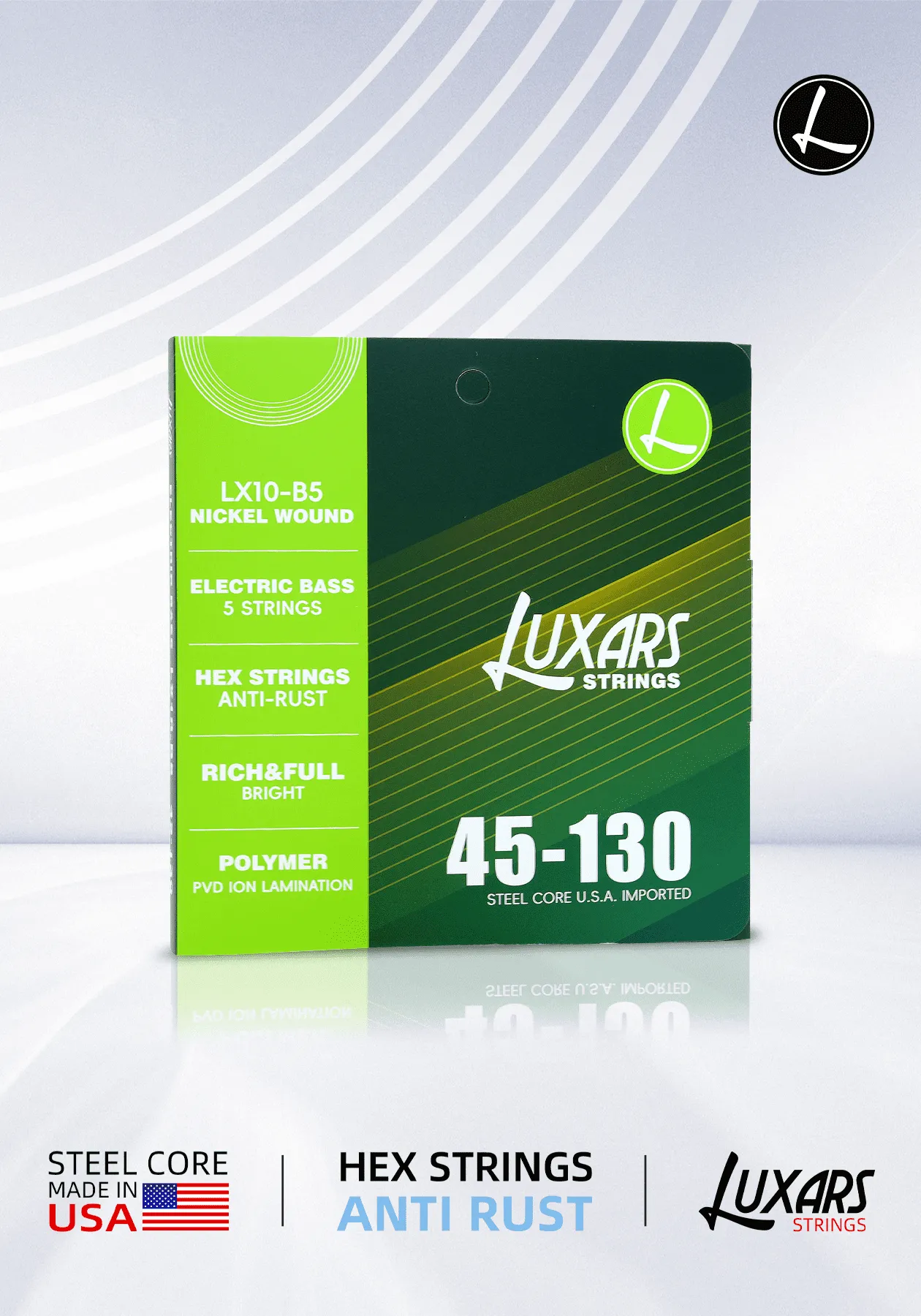 Embalagem das cordas LUXARS LX10-B5 para baixo elétrico, vista frontal