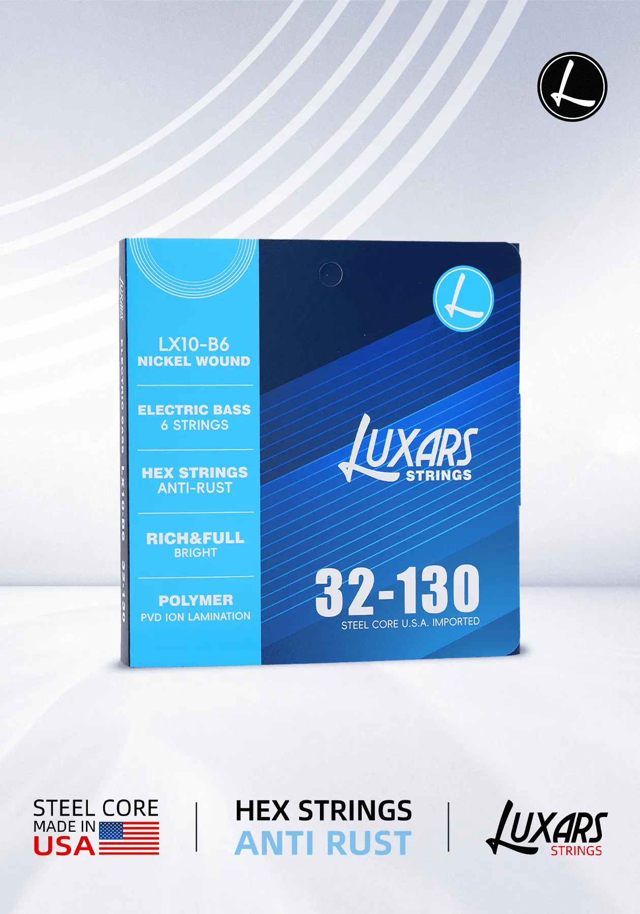 Embalagem das cordas LUXARS LX10-B6 para baixo elétrico, vista frontal