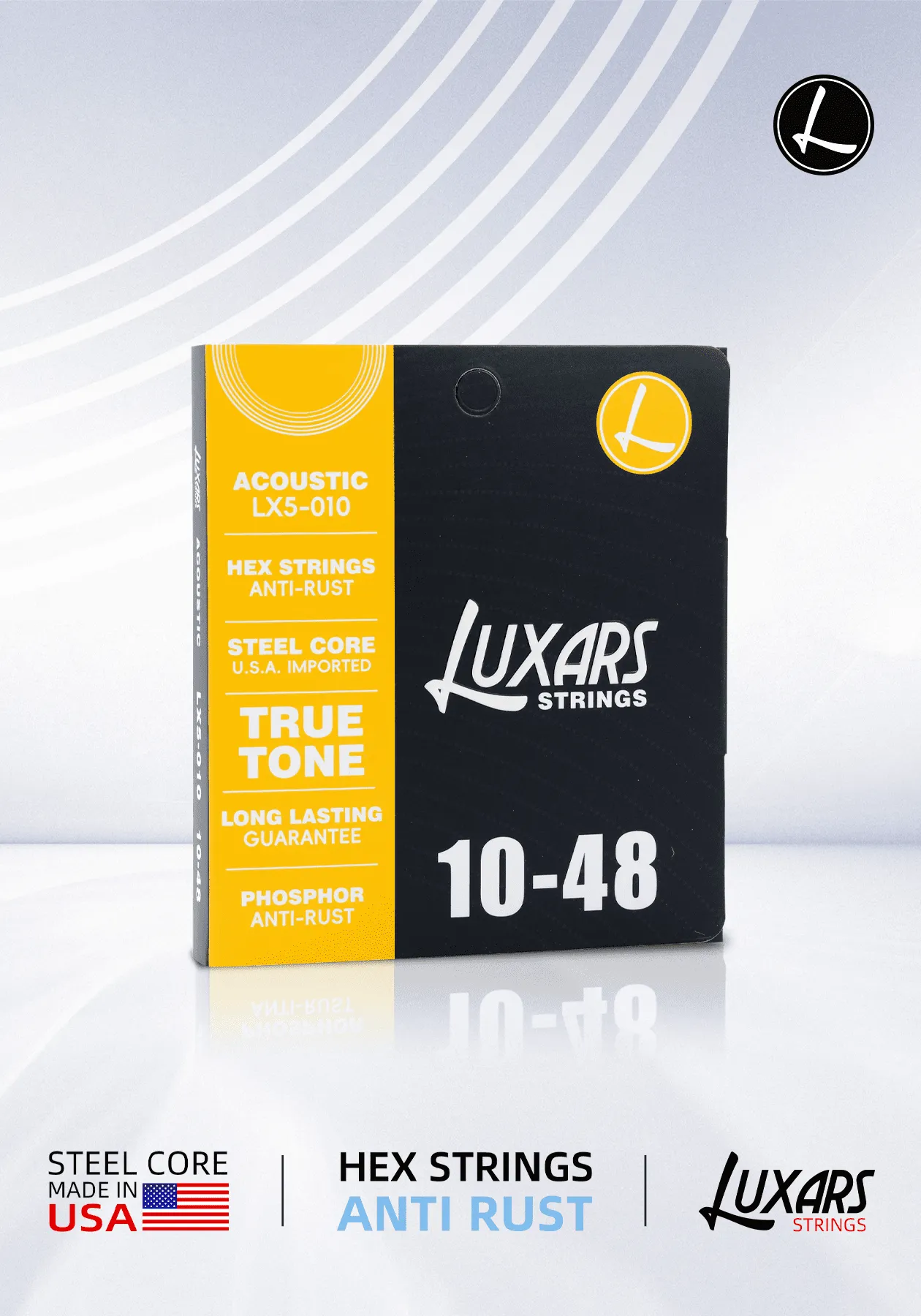 Empaque de las cuerdas LUXARS LX5-010 para guitarra acústica, vista frontal