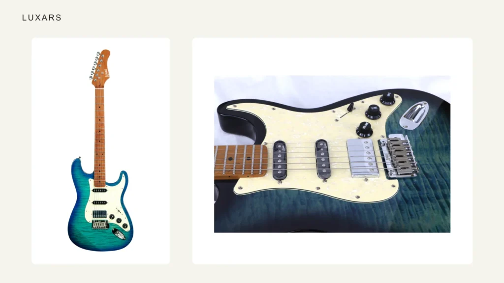 Fotografias de produto da guitarra elétrica LUXARS S-G25 e de sua ponte